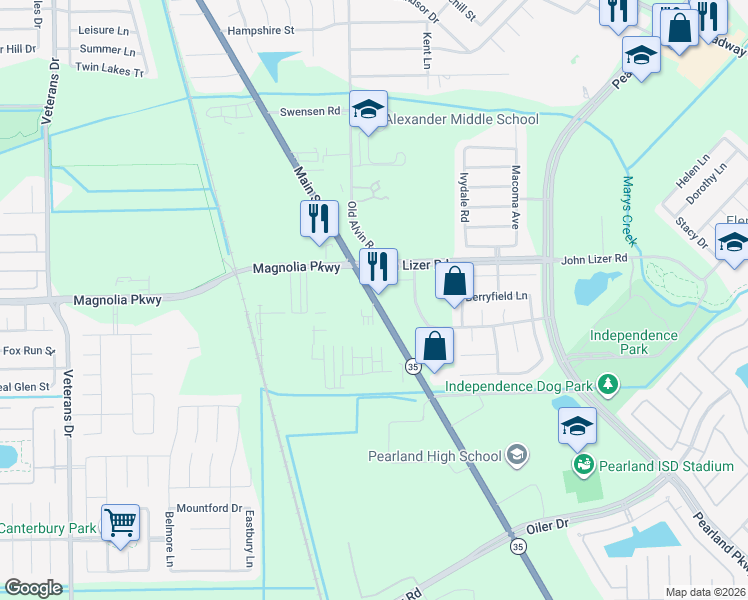 map of restaurants, bars, coffee shops, grocery stores, and more near 3404 Huisache Court in Pearland