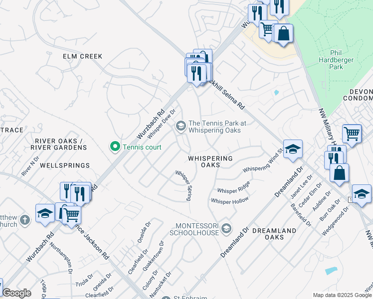 map of restaurants, bars, coffee shops, grocery stores, and more near 11306 Whisper Willow St in San Antonio