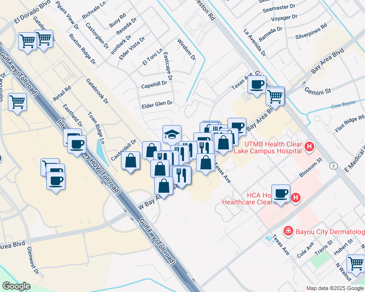 map of restaurants, bars, coffee shops, grocery stores, and more near 780 West Bay Area Boulevard in Webster
