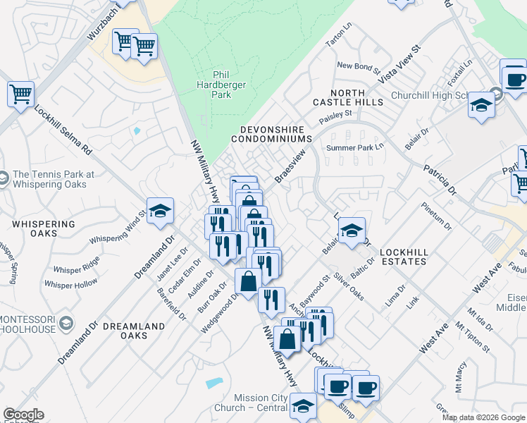map of restaurants, bars, coffee shops, grocery stores, and more near 2334 Boxer Palm in San Antonio