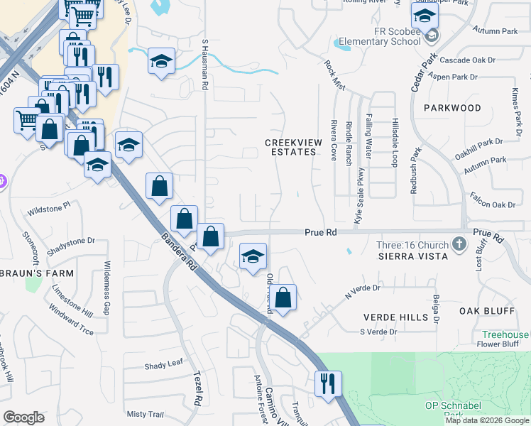 map of restaurants, bars, coffee shops, grocery stores, and more near 10809 Rocky Trail in San Antonio