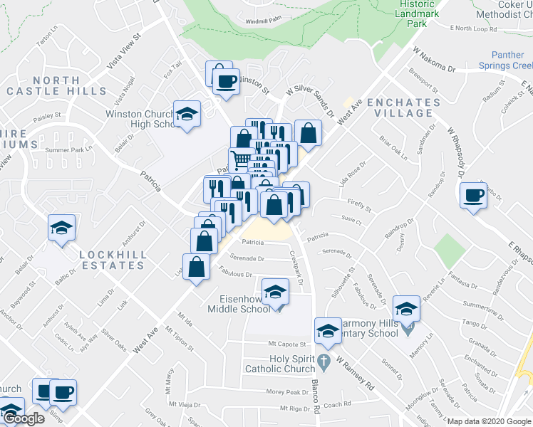 map of restaurants, bars, coffee shops, grocery stores, and more near 11614 West Avenue in San Antonio