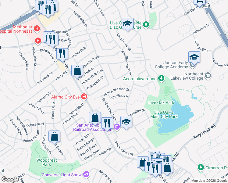map of restaurants, bars, coffee shops, grocery stores, and more near 7622 Marigold Trace Street in Live Oak