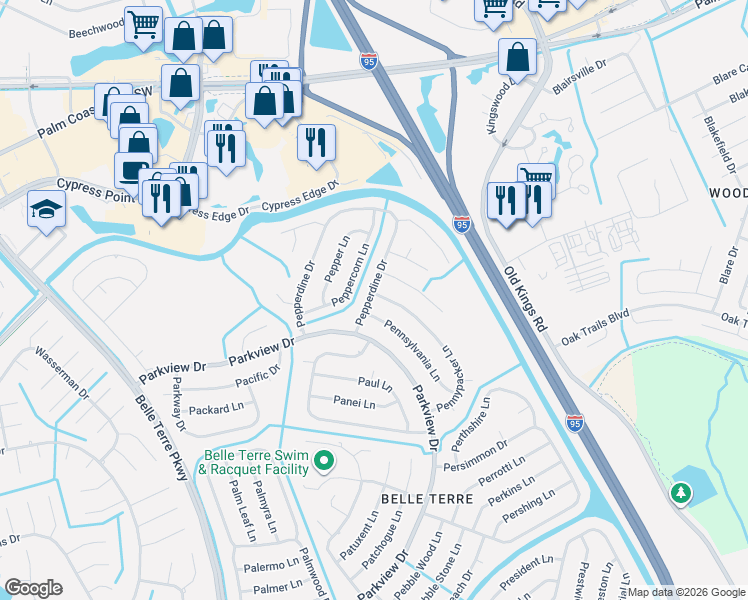 map of restaurants, bars, coffee shops, grocery stores, and more near 2 Pennypacker Lane in Palm Coast