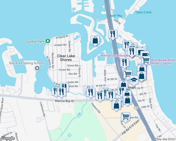 map of restaurants, bars, coffee shops, grocery stores, and more near 7 Harbor Lane in Kemah