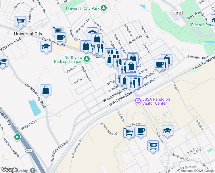 map of restaurants, bars, coffee shops, grocery stores, and more near 306 West Byrd Boulevard in Universal City
