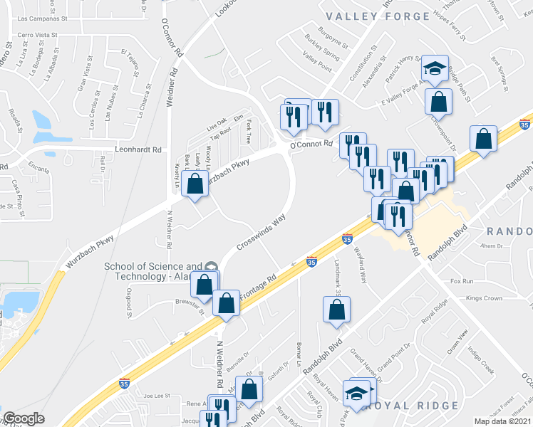 map of restaurants, bars, coffee shops, grocery stores, and more near 11603 Crosswinds Way in San Antonio