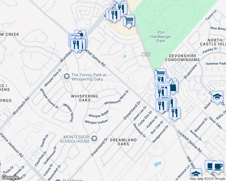 map of restaurants, bars, coffee shops, grocery stores, and more near 11522 Whisper Bluff Street in San Antonio