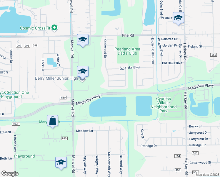 map of restaurants, bars, coffee shops, grocery stores, and more near 6802 Keithwood Circle South in Pearland