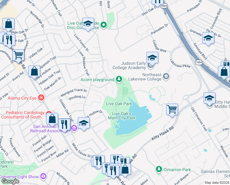 map of restaurants, bars, coffee shops, grocery stores, and more near 11610 Welcome Drive in San Antonio
