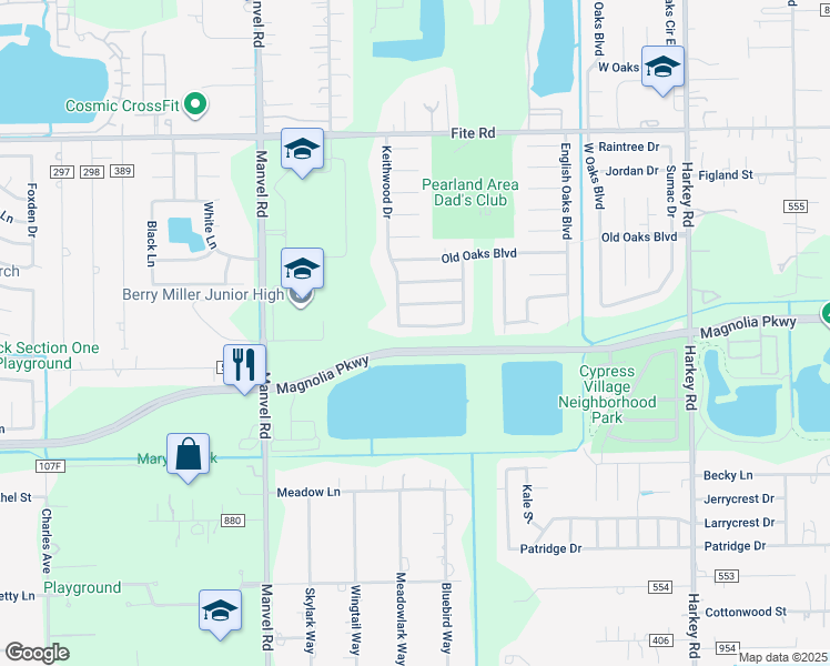 map of restaurants, bars, coffee shops, grocery stores, and more near 6802 Keithwood Circle South in Pearland