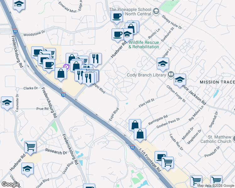 map of restaurants, bars, coffee shops, grocery stores, and more near 11600 Huebner Road in San Antonio