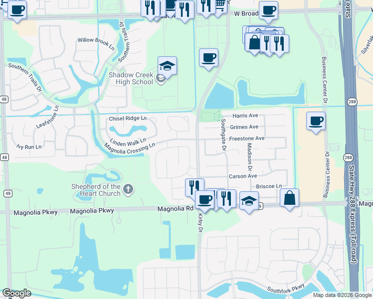 map of restaurants, bars, coffee shops, grocery stores, and more near 3502 Sunburst Creek Lane in Pearland