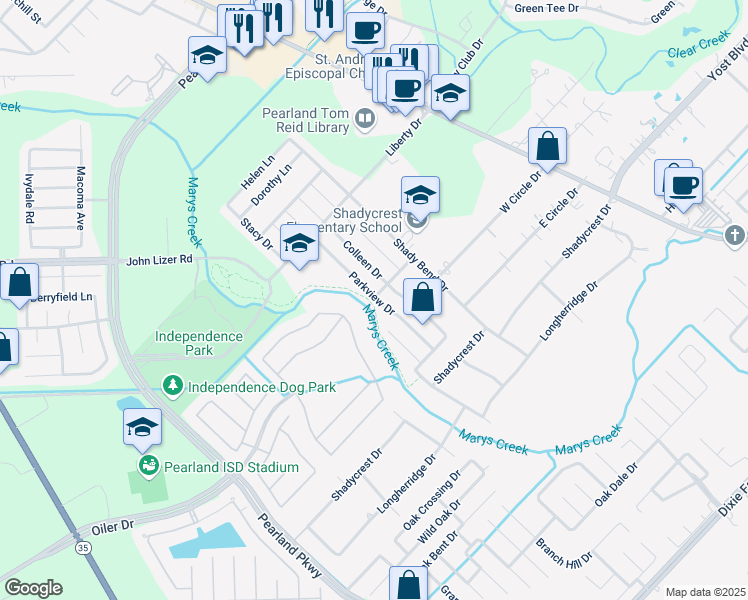 map of restaurants, bars, coffee shops, grocery stores, and more near 2330 Parkview Drive in Pearland