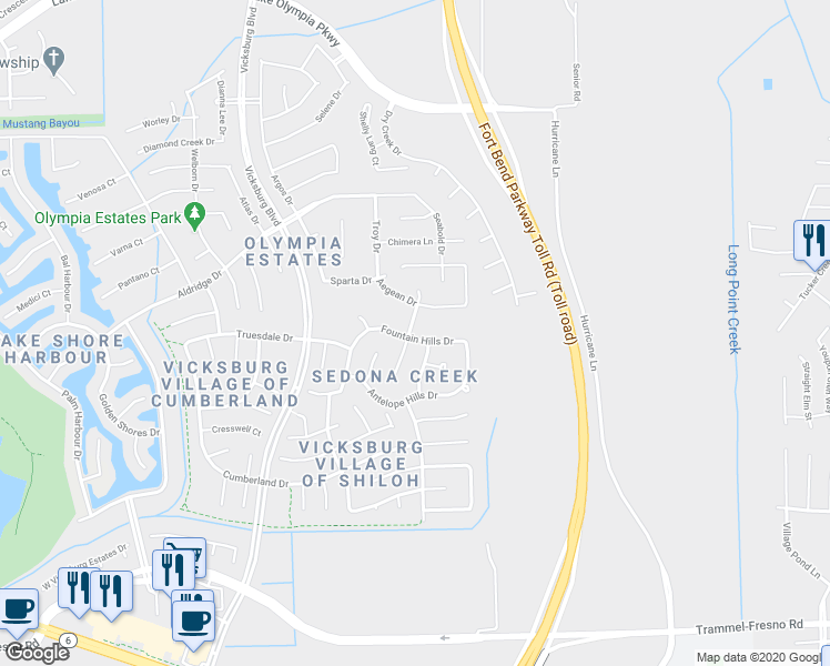 map of restaurants, bars, coffee shops, grocery stores, and more near 3246 Fountain Hills Drive in Missouri City
