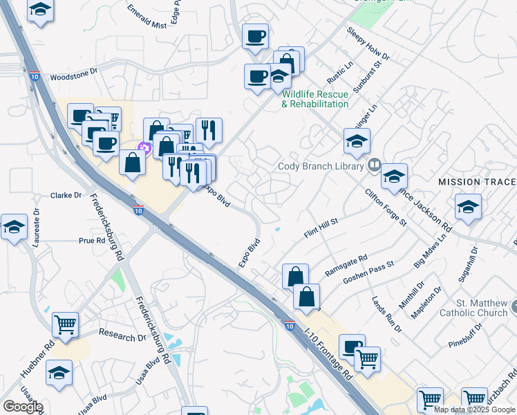 map of restaurants, bars, coffee shops, grocery stores, and more near 9150 Huebner Road in San Antonio