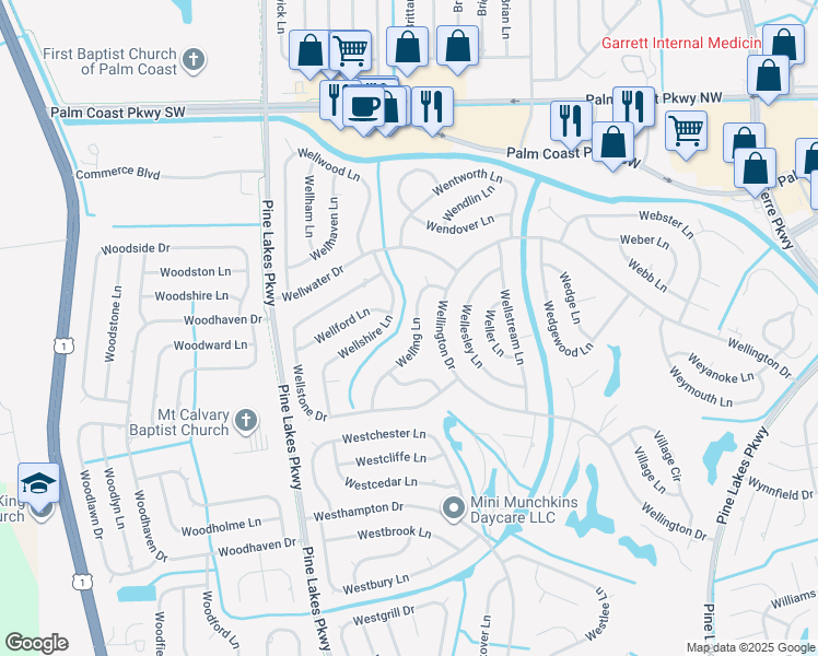 map of restaurants, bars, coffee shops, grocery stores, and more near 32 Welling Lane in Palm Coast