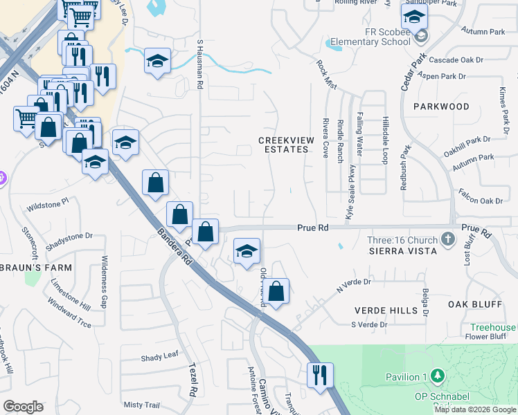 map of restaurants, bars, coffee shops, grocery stores, and more near 10809 Rocky Trail in San Antonio