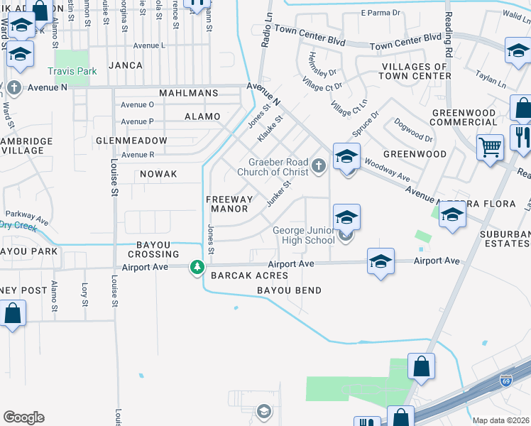 map of restaurants, bars, coffee shops, grocery stores, and more near 4208 Junker Street in Rosenberg