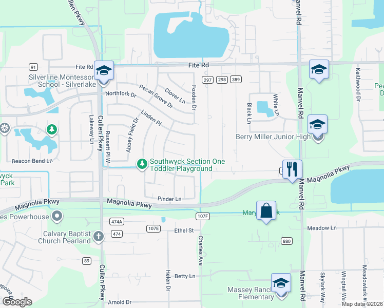 map of restaurants, bars, coffee shops, grocery stores, and more near 2906 Foxden Drive in Pearland