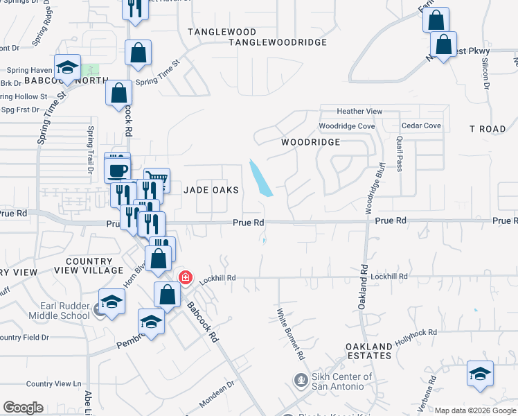 map of restaurants, bars, coffee shops, grocery stores, and more near 6307 Jade Glen in San Antonio