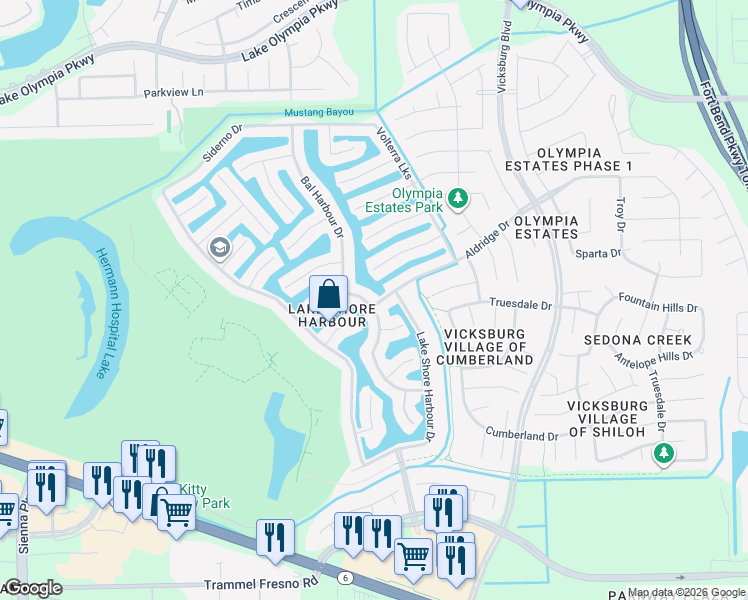 map of restaurants, bars, coffee shops, grocery stores, and more near 2839 Lake Villa Drive in Missouri City