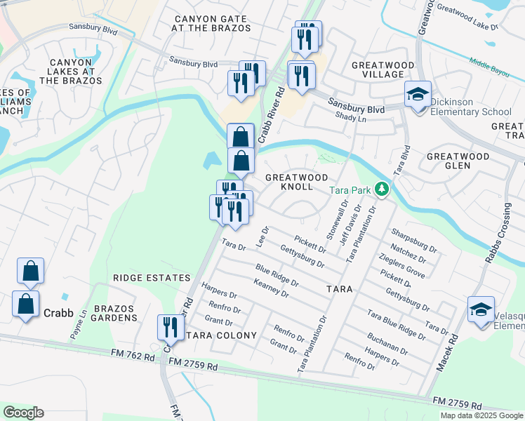 map of restaurants, bars, coffee shops, grocery stores, and more near 214 Knoll Forest Drive in Sugar Land