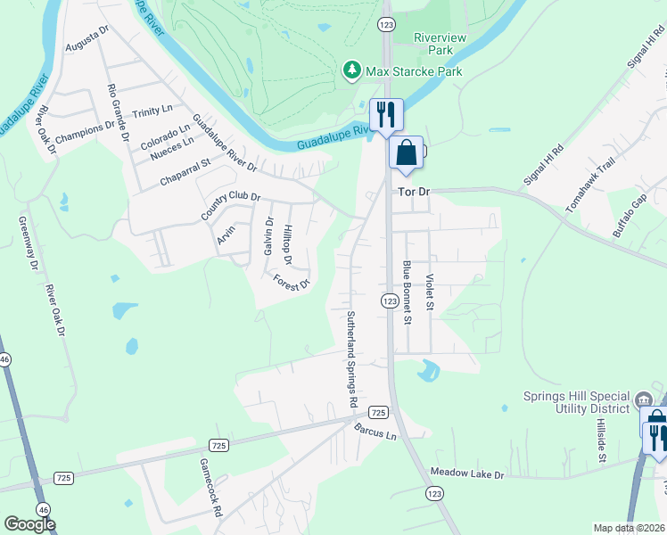 map of restaurants, bars, coffee shops, grocery stores, and more near 1005 Creekside Street in Seguin