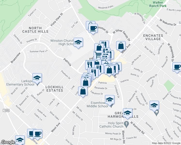 map of restaurants, bars, coffee shops, grocery stores, and more near 1031 Patricia in San Antonio