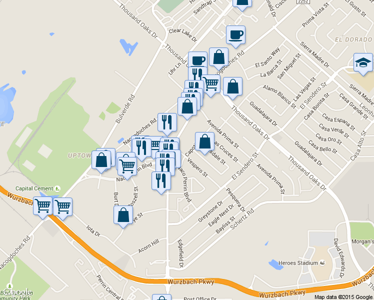 map of restaurants, bars, coffee shops, grocery stores, and more near 4303 Capotillo Street in San Antonio