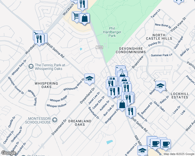map of restaurants, bars, coffee shops, grocery stores, and more near 2447 Lockhill Selma Road in San Antonio