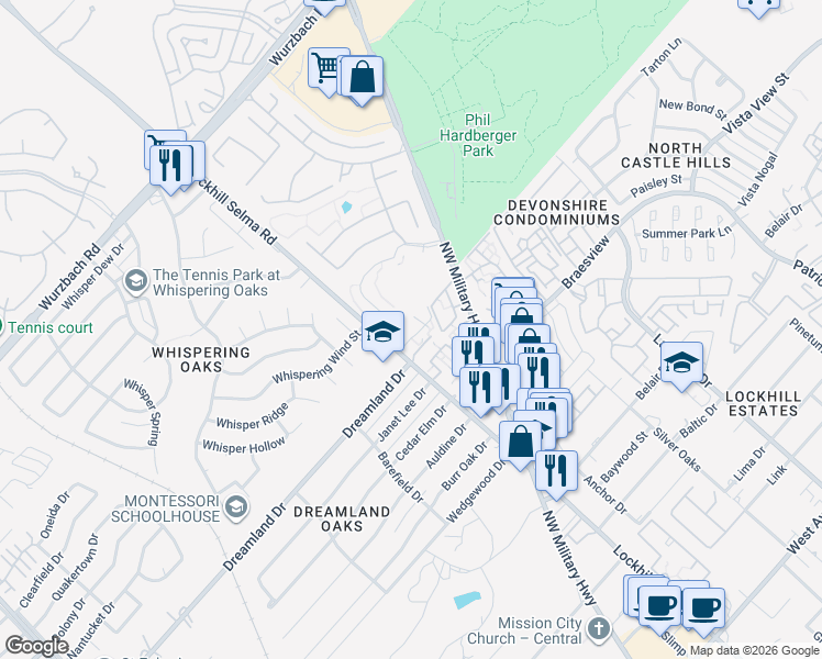 map of restaurants, bars, coffee shops, grocery stores, and more near 2447 Lockhill Selma Road in San Antonio