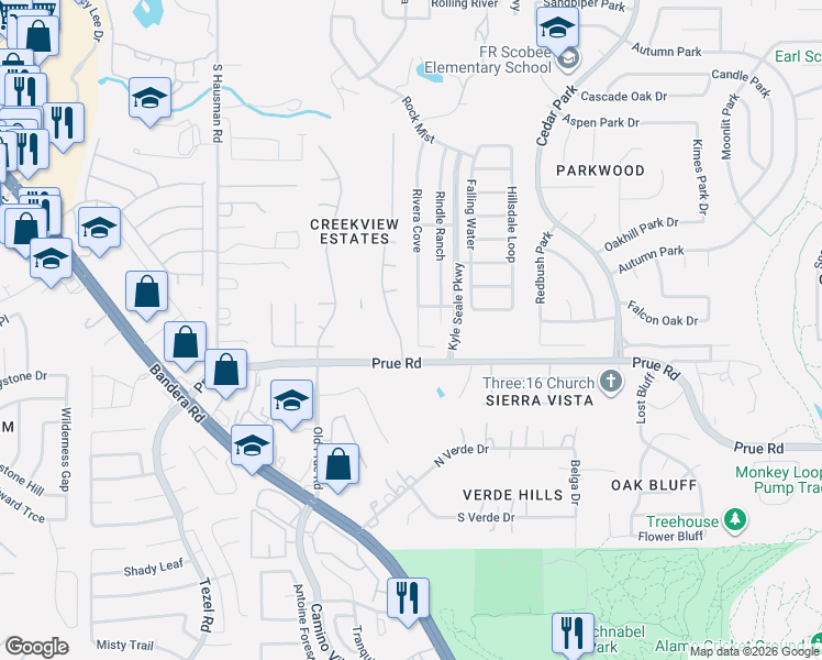 map of restaurants, bars, coffee shops, grocery stores, and more near 10742 Rivera Cove in San Antonio