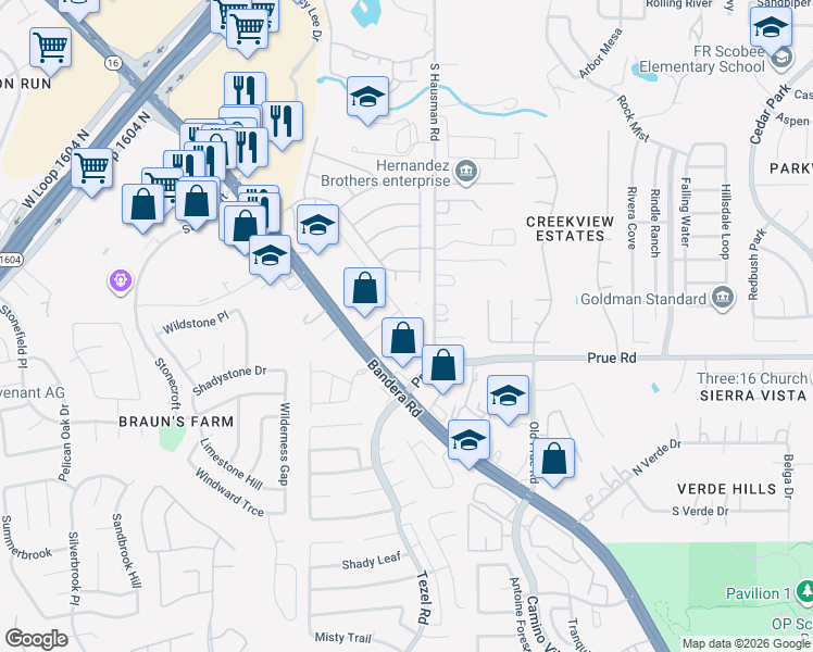 map of restaurants, bars, coffee shops, grocery stores, and more near 3 South Hausman Road in San Antonio