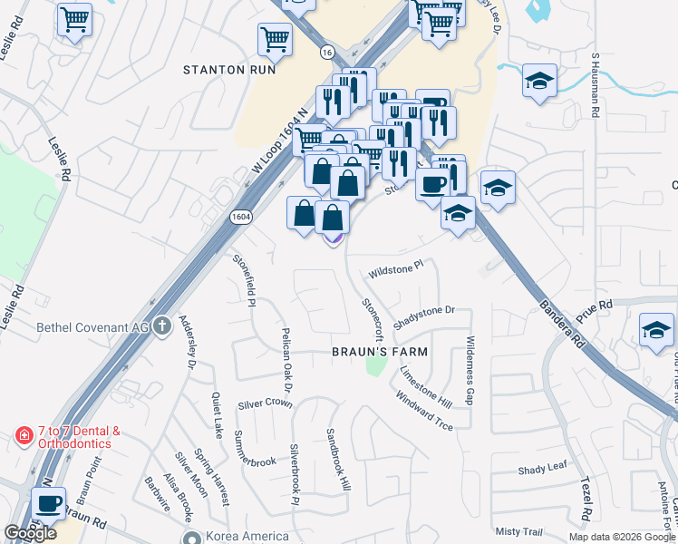 map of restaurants, bars, coffee shops, grocery stores, and more near 9606 Turquoise Creek in San Antonio