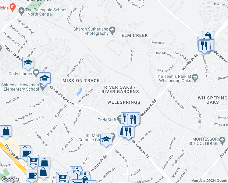 map of restaurants, bars, coffee shops, grocery stores, and more near 3418 River North Drive in San Antonio