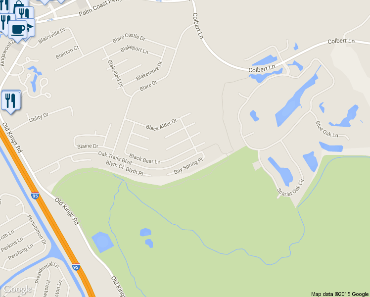 map of restaurants, bars, coffee shops, grocery stores, and more near 107 Black Bear Lane in Palm Coast