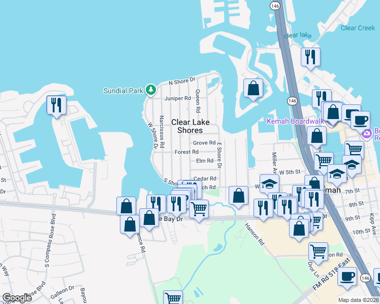 map of restaurants, bars, coffee shops, grocery stores, and more near 1017 Forest Road in Kemah