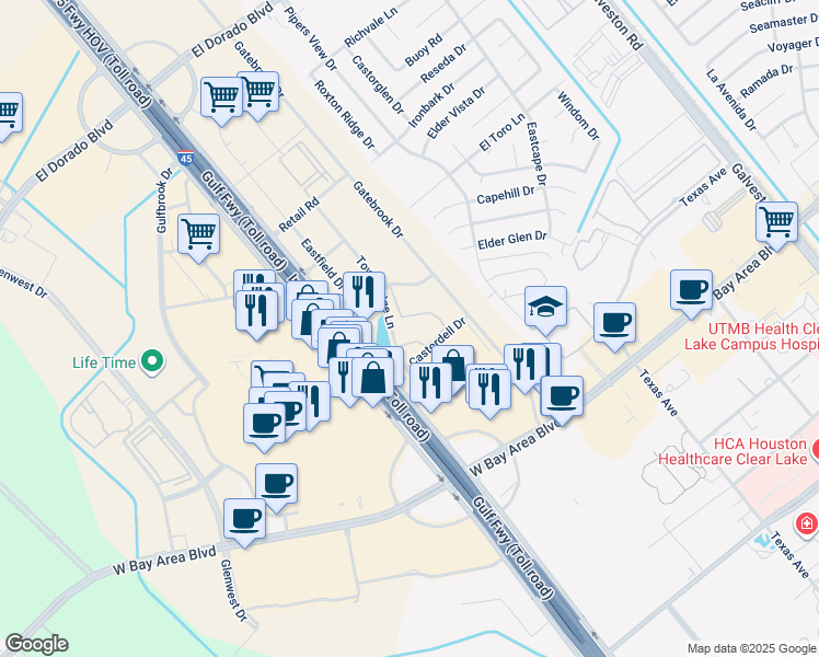 map of restaurants, bars, coffee shops, grocery stores, and more near 19073 Gulf Freeway in Friendswood