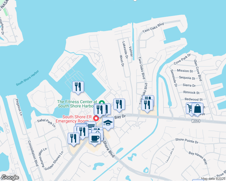 map of restaurants, bars, coffee shops, grocery stores, and more near 601 Enterprise Avenue in League City