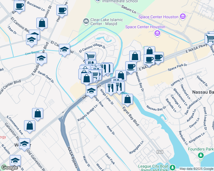 map of restaurants, bars, coffee shops, grocery stores, and more near 1052 East Nasa Parkway in Houston