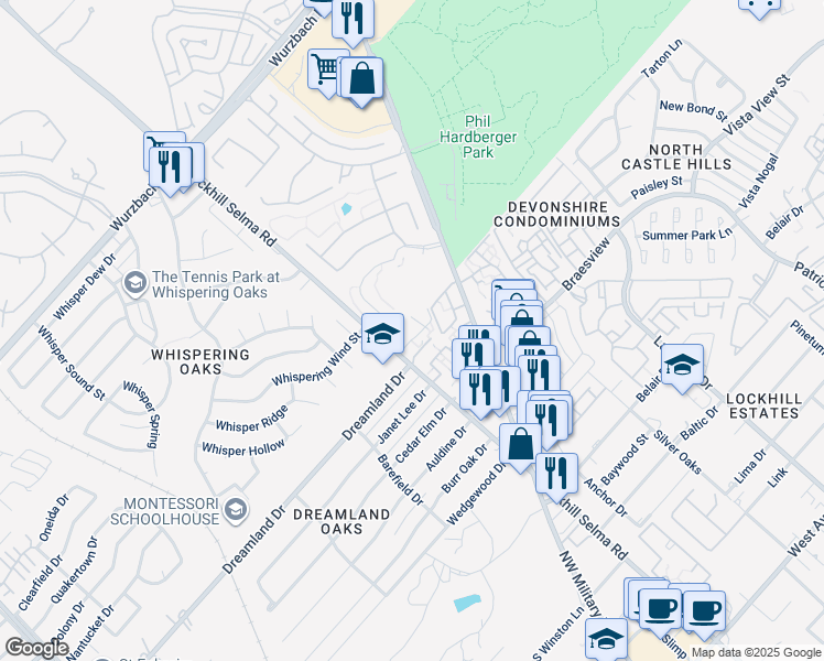 map of restaurants, bars, coffee shops, grocery stores, and more near 2447 Lockhill Selma Road in San Antonio