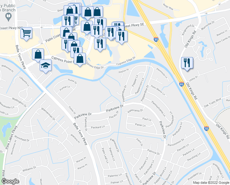 map of restaurants, bars, coffee shops, grocery stores, and more near 13 Peylo Place in Palm Coast