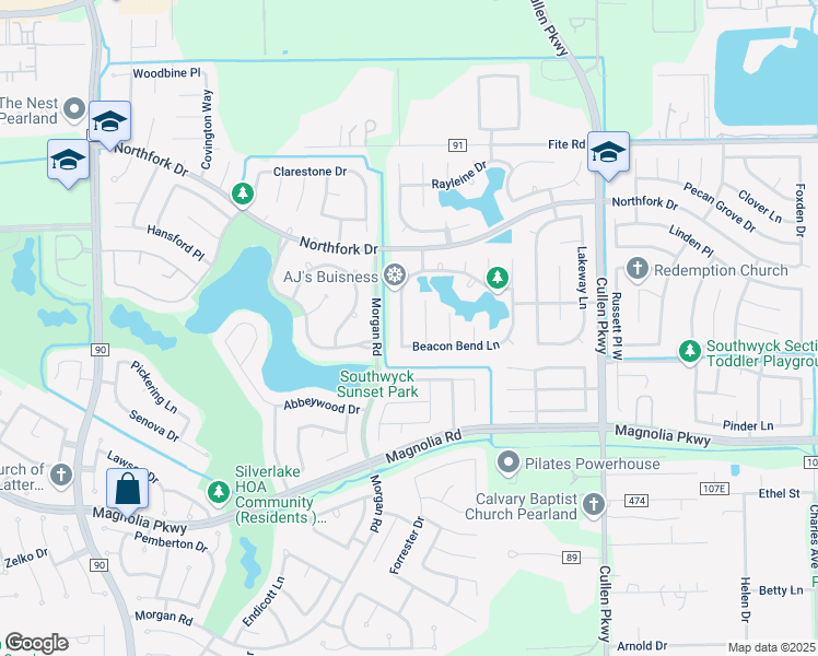 map of restaurants, bars, coffee shops, grocery stores, and more near 3405 Harbour Breeze Lane in Pearland