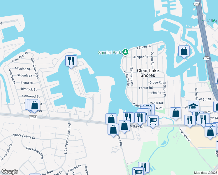 map of restaurants, bars, coffee shops, grocery stores, and more near 1306 Marina Bay Drive in Clear Lake Shores