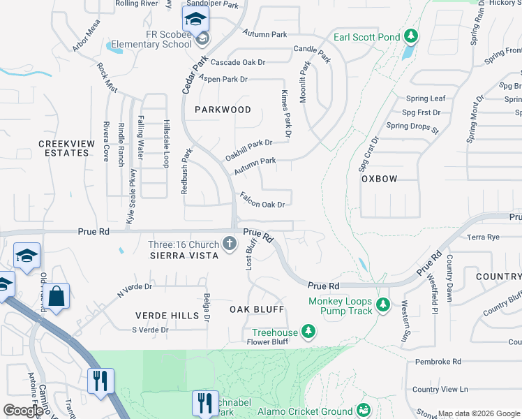 map of restaurants, bars, coffee shops, grocery stores, and more near 7762 Falcon Oak Drive in San Antonio