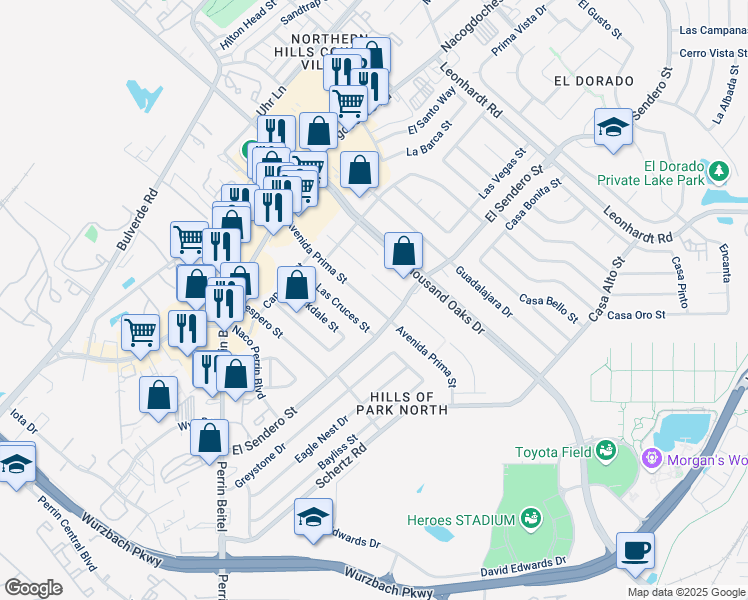 map of restaurants, bars, coffee shops, grocery stores, and more near 4419 Avenida Prima Street in San Antonio