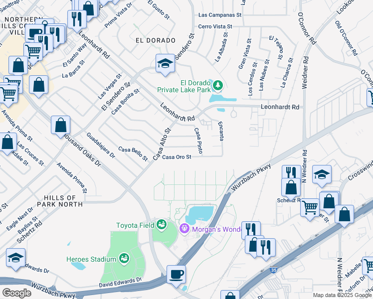 map of restaurants, bars, coffee shops, grocery stores, and more near 5010 Casa Verde Street in San Antonio