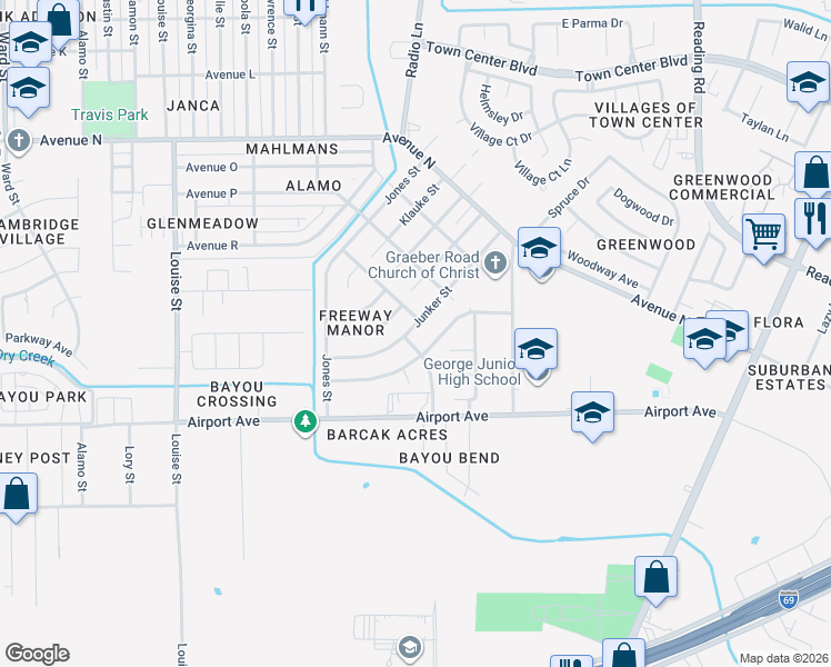 map of restaurants, bars, coffee shops, grocery stores, and more near 4208 Junker Street in Rosenberg