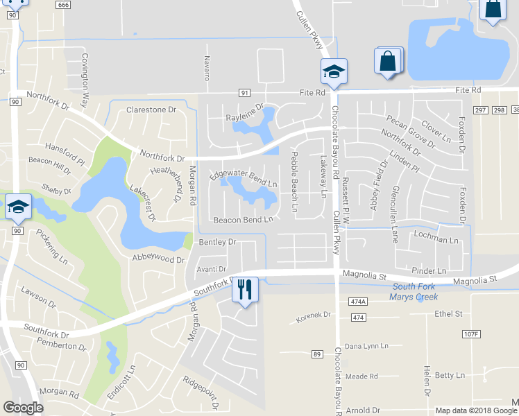 map of restaurants, bars, coffee shops, grocery stores, and more near 3403 Colebrook Court in Pearland